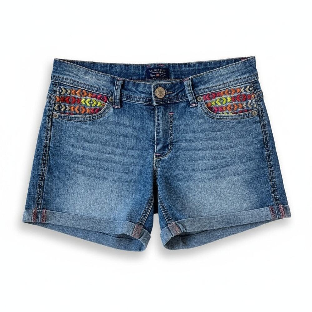 US POLO ASSN Juniors Embroidered Denim Jean Short Size 3/4 Boho Summer Colorful